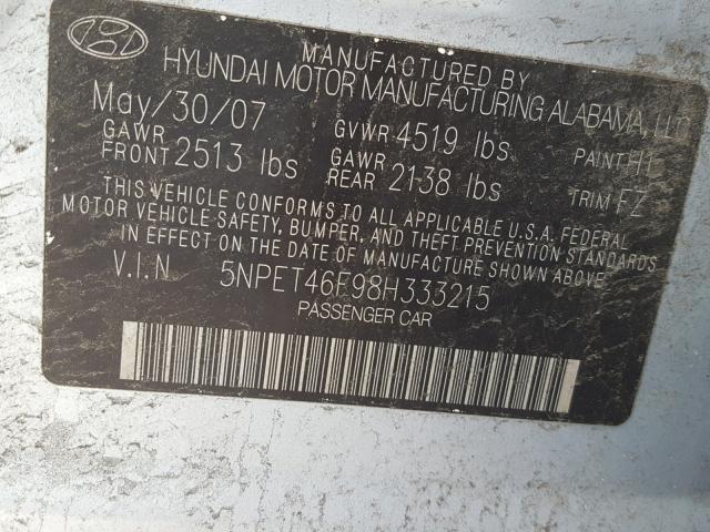 5NPET46F98H333215 - 2008 HYUNDAI SONATA GLS GRAY photo 10