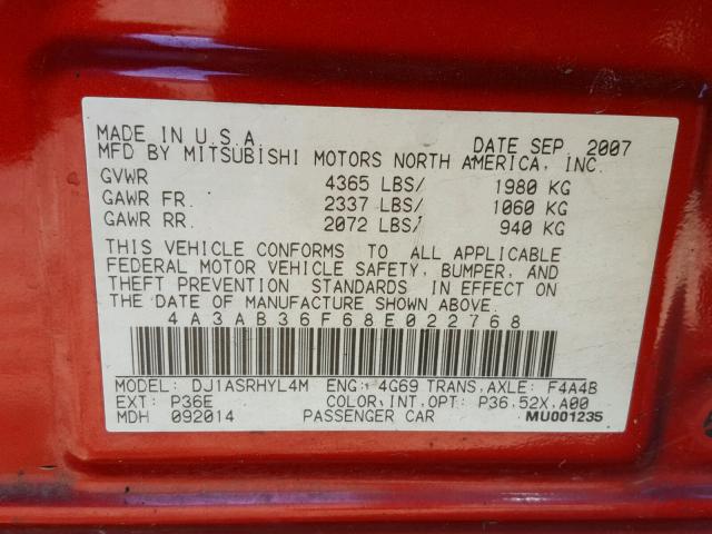 4A3AB36F68E022768 - 2008 MITSUBISHI GALANT ES RED photo 10