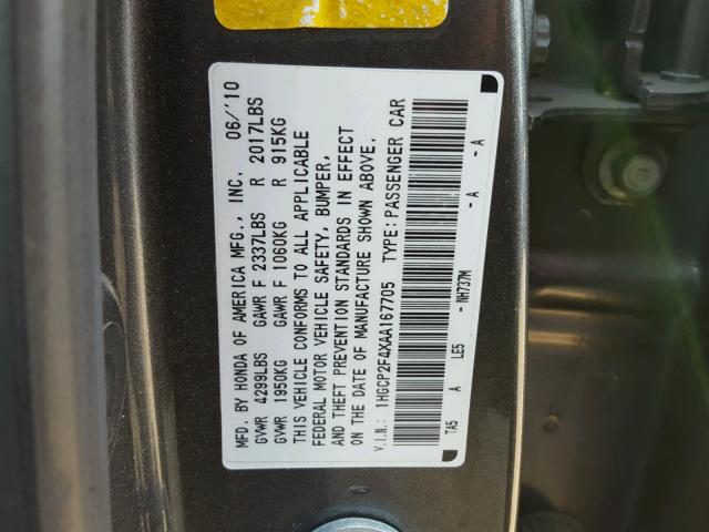 1HGCP2F4XAA167705 - 2010 HONDA ACCORD LXP CHARCOAL photo 10