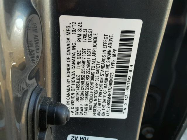 2HKRM4H77DH604223 - 2013 HONDA CR-V EXL BLACK photo 10