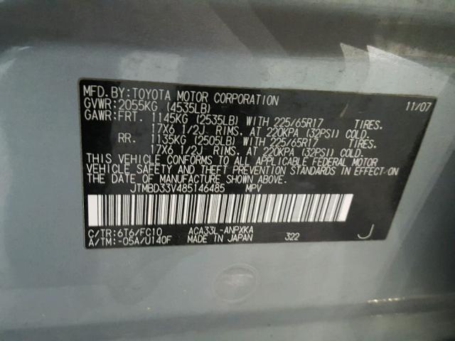 JTMBD33V485146485 - 2008 TOYOTA RAV4 GRAY photo 10