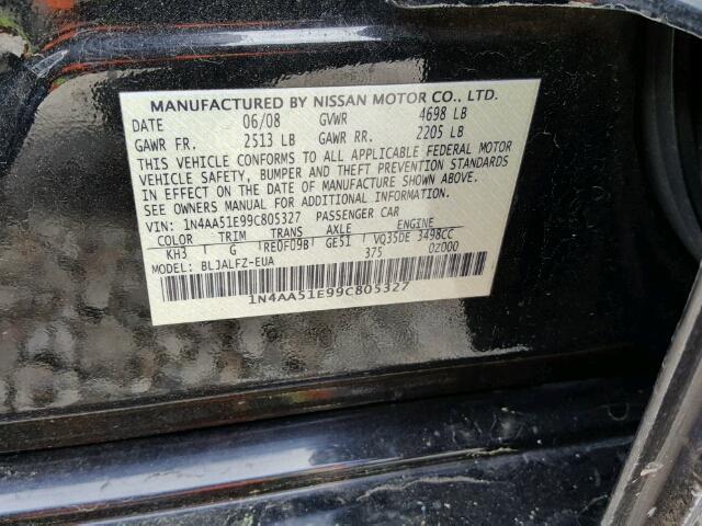 1N4AA51E99C805327 - 2009 NISSAN MAXIMA S BLACK photo 10