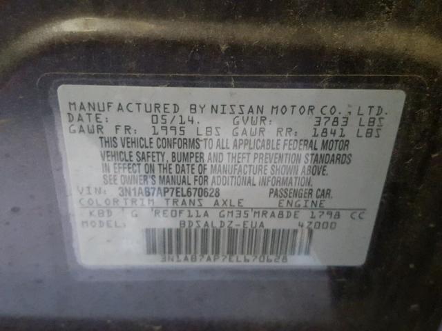 3N1AB7AP7EL670628 - 2014 NISSAN SENTRA S CHARCOAL photo 10