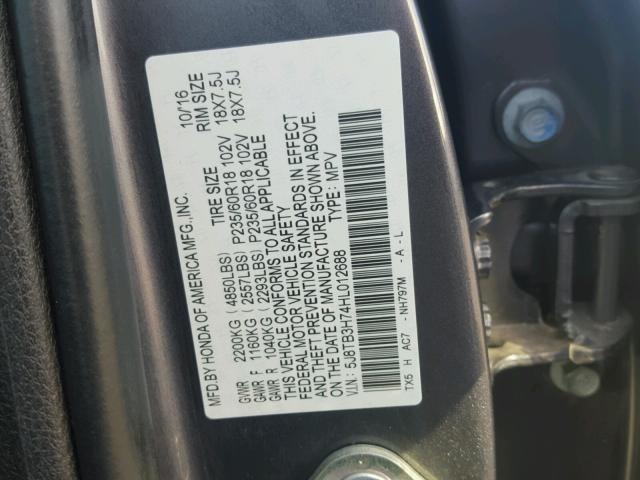 5J8TB3H74HL012688 - 2017 ACURA RDX ADVANC GRAY photo 10