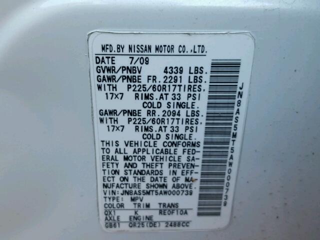 JN8AS5MT5AW000739 - 2010 NISSAN ROGUE S WHITE photo 10