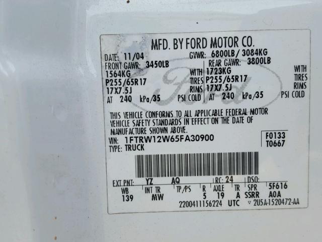 1FTRW12W65FA30900 - 2005 FORD F150 SUPER WHITE photo 10