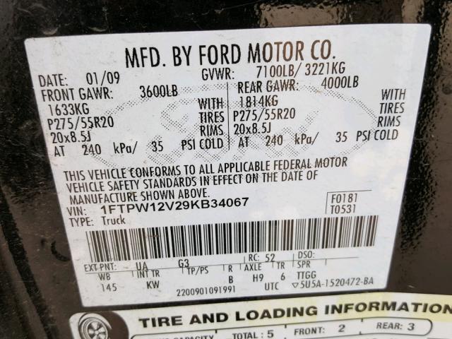 1FTPW12V29KB34067 - 2009 FORD F150 SUPER BLACK photo 10