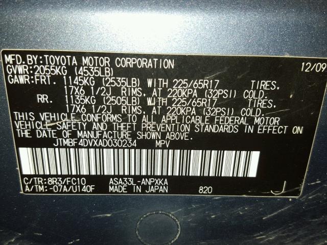 JTMBF4DVXAD030234 - 2010 TOYOTA RAV4 BLUE photo 10