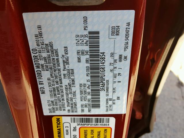 3FA6P0PU1GR145854 - 2016 FORD FUSION SE RED photo 10