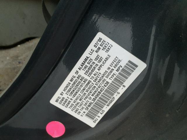 5FNRL38496B457438 - 2006 HONDA ODYSSEY EX GRAY photo 10