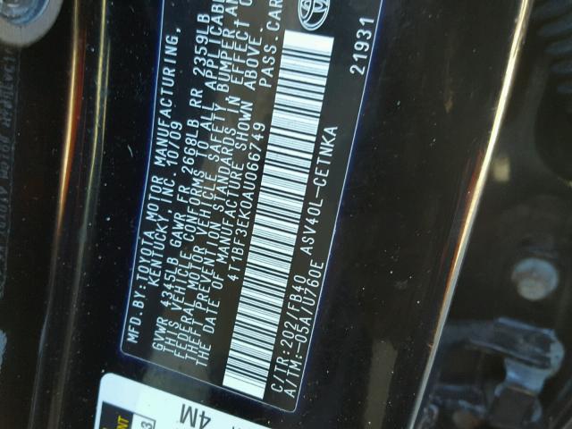 4T1BF3EK0AU066749 - 2010 TOYOTA CAMRY BASE BLACK photo 10
