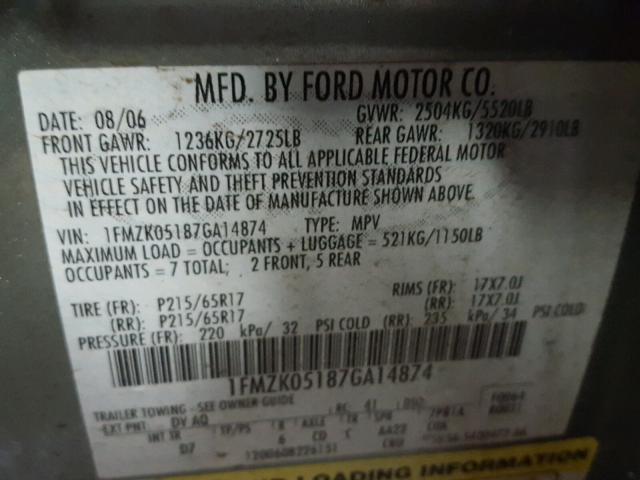 1FMZK05187GA14874 - 2007 FORD FREESTYLE TEAL photo 10