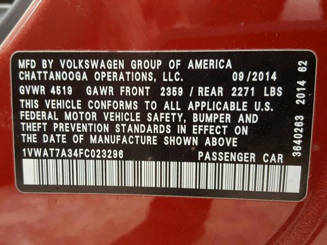 1VWAT7A34FC023296 - 2015 VOLKSWAGEN PASSAT S წითელი ფოტო 10