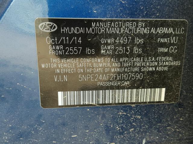 5NPE24AF2FH107590 - 2015 HYUNDAI SONATA SE BLUE photo 10