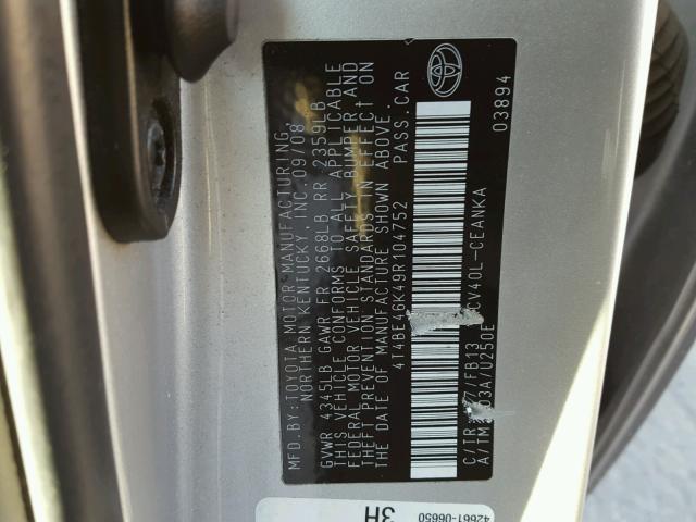 4T4BE46K49R104752 - 2009 TOYOTA CAMRY BASE SILVER photo 10