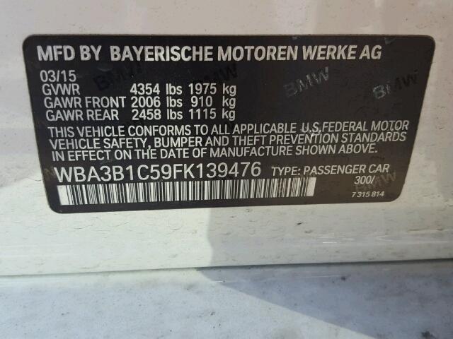 WBA3B1C59FK139476 - 2015 BMW 320 I WHITE photo 10