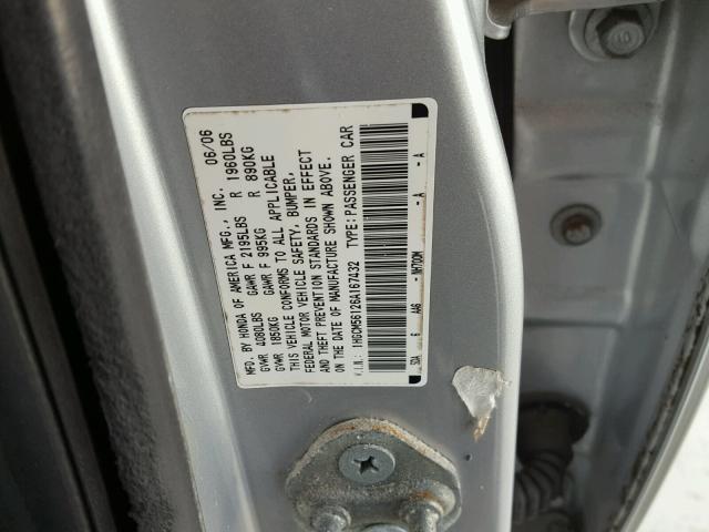 1HGCM56126A167432 - 2006 HONDA ACCORD VAL SILVER photo 10