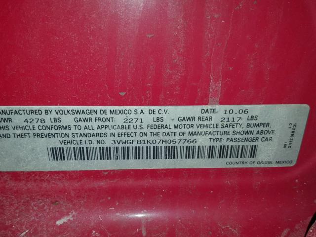 3VWGF81K07M057766 - 2007 VOLKSWAGEN JETTA RED photo 10