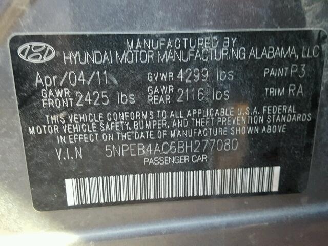 5NPEB4AC6BH277080 - 2011 HYUNDAI SONATA GLS GRAY photo 10