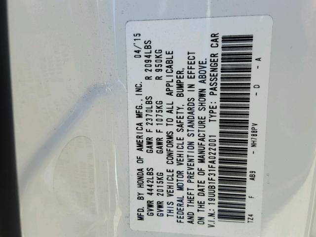 19UUB1F31FA022001 - 2015 ACURA TLX WHITE photo 10