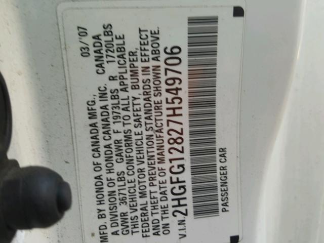 2HGFG12827H549706 - 2007 HONDA CIVIC EX თეთრი ფოტო 10
