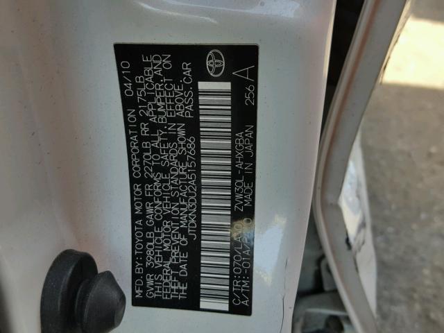 JTDKN3DU2A5157686 - 2010 TOYOTA PRIUS WHITE photo 10