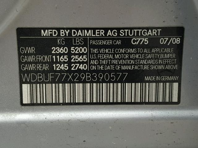 WDBUF77X29B390577 - 2009 MERCEDES-BENZ E 63 AMG SILVER photo 10