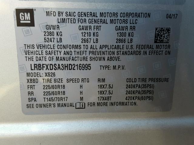 LRBFXDSA3HD216995 - 2017 BUICK ENVISION E SILVER photo 10