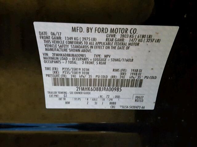 2FMHK6D88JBA00985 - 2018 FORD FLEX LIMIT BLACK photo 10