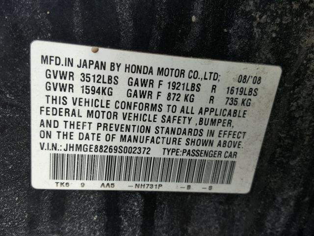 JHMGE88269S002372 - 2009 HONDA FIT BLACK photo 10