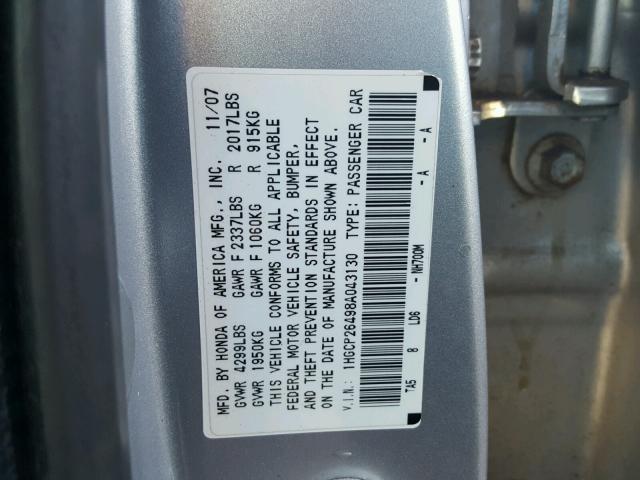 1HGCP26498A043130 - 2008 HONDA ACCORD LXP SILVER photo 10