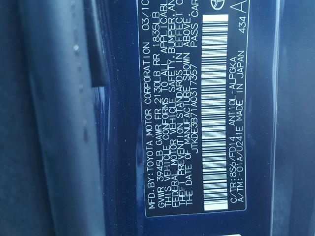 JTKDE3B71A0317357 - 2010 SCION TC BLUE photo 10