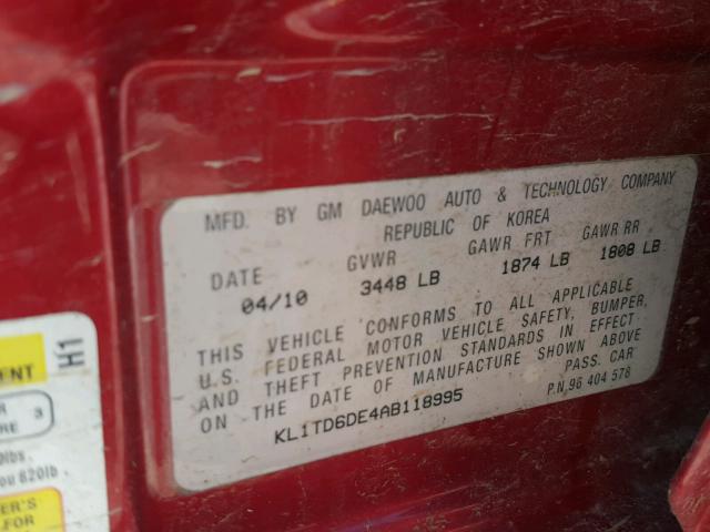 KL1TD6DE4AB118995 - 2010 CHEVROLET AVEO LS RED photo 10