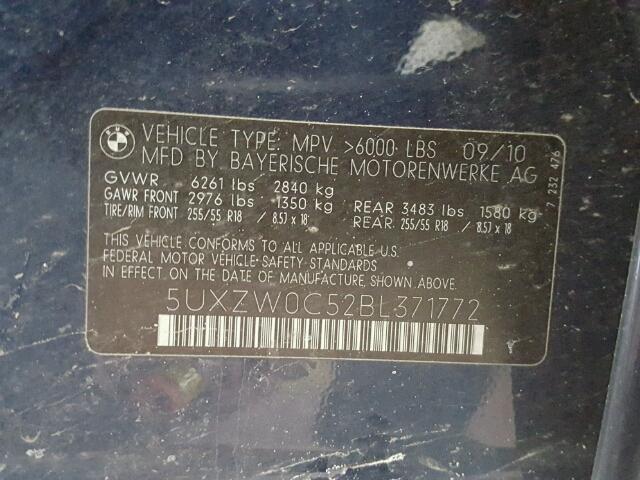 5UXZW0C52BL371772 - 2011 BMW X5 XDRIVE3 BLUE photo 10