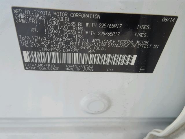 JTMBFREV5FD097990 - 2015 TOYOTA RAV4 LE WHITE photo 10