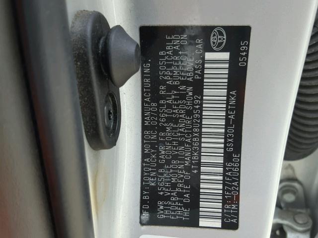 4T1BK36BX8U295492 - 2008 TOYOTA AVALON XL SILVER photo 10