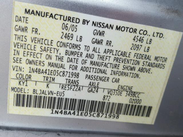 1N4BA41E05C871998 - 2005 NISSAN MAXIMA SE SILVER photo 10