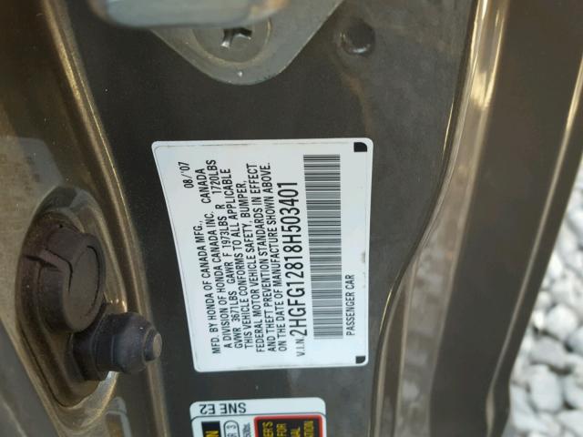 2HGFG12818H503401 - 2008 HONDA CIVIC EX ყავისფერი ფოტო 10