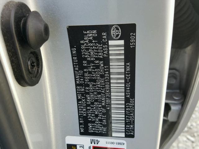 4T1BF3EK9BU139411 - 2011 TOYOTA CAMRY BASE SILVER photo 10