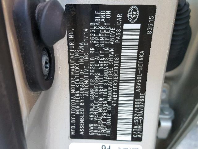 4T4BF1FKXER383081 - 2014 TOYOTA CAMRY L TAN photo 10