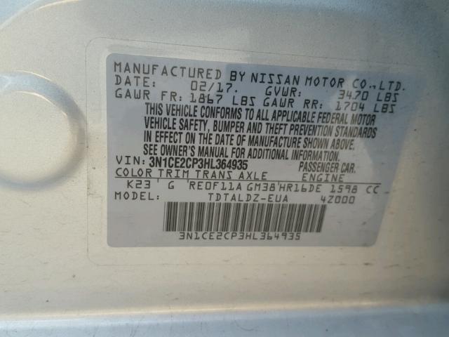 3N1CE2CP3HL364935 - 2017 NISSAN VERSA NOTE SILVER photo 10