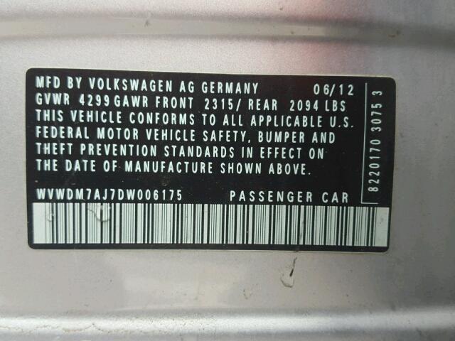 WVWDM7AJ7DW006175 - 2013 VOLKSWAGEN GOLF SILVER photo 10