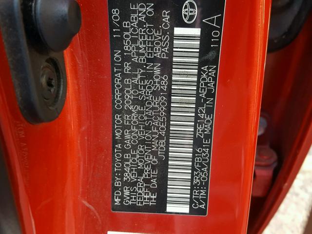 JTDBL40E599091486 - 2009 TOYOTA COROLLA BA RED photo 10