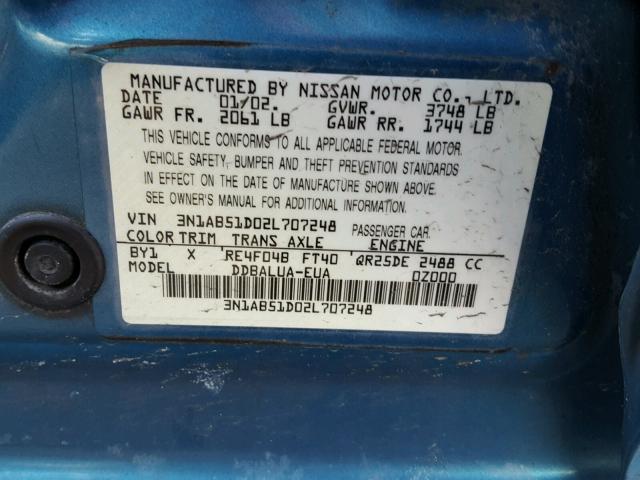 3N1AB51D02L707248 - 2002 NISSAN SENTRA SE- BLUE photo 10