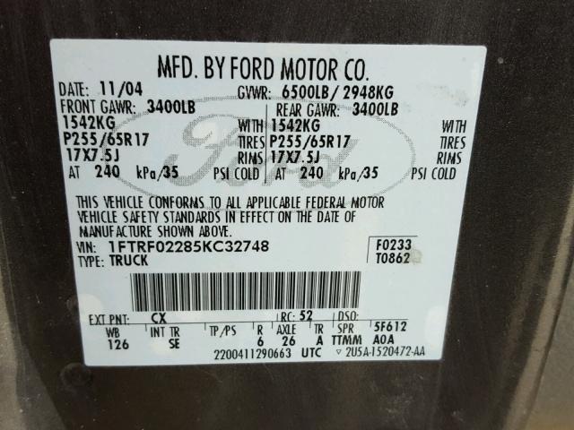 1FTRF02285KC32748 - 2005 FORD F150 GRAY photo 10