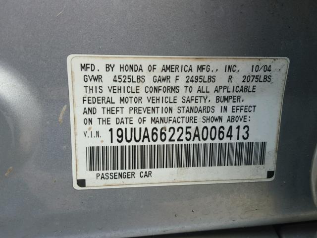 19UUA66225A006413 - 2005 ACURA TL SILVER photo 10