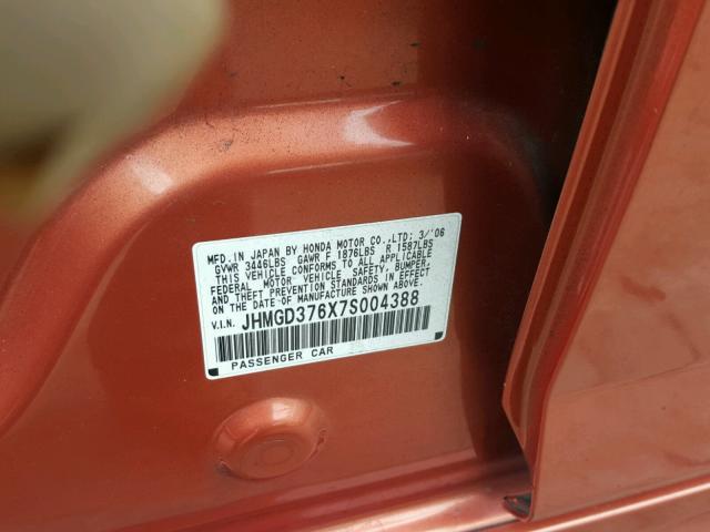 JHMGD376X7S004388 - 2007 HONDA FIT S ORANGE photo 10