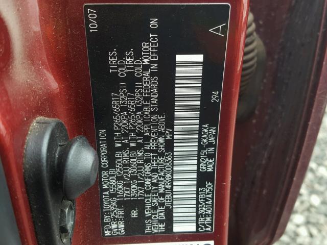 JTEBU14R98K008363 - 2008 TOYOTA 4RUNNER SR RED photo 10