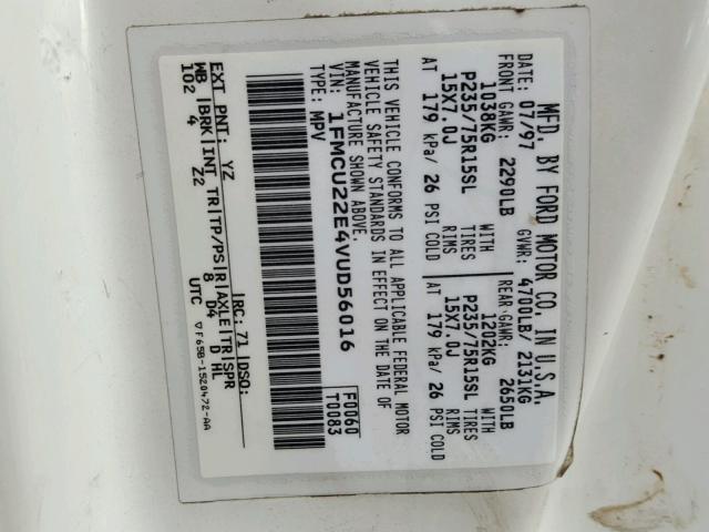 1FMCU22E4VUD56016 - 1997 FORD EXPLORER WHITE photo 10