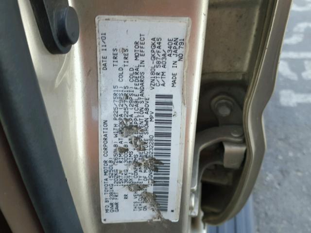 JT3GN86R120232280 - 2002 TOYOTA 4RUNNER SR GOLD photo 10